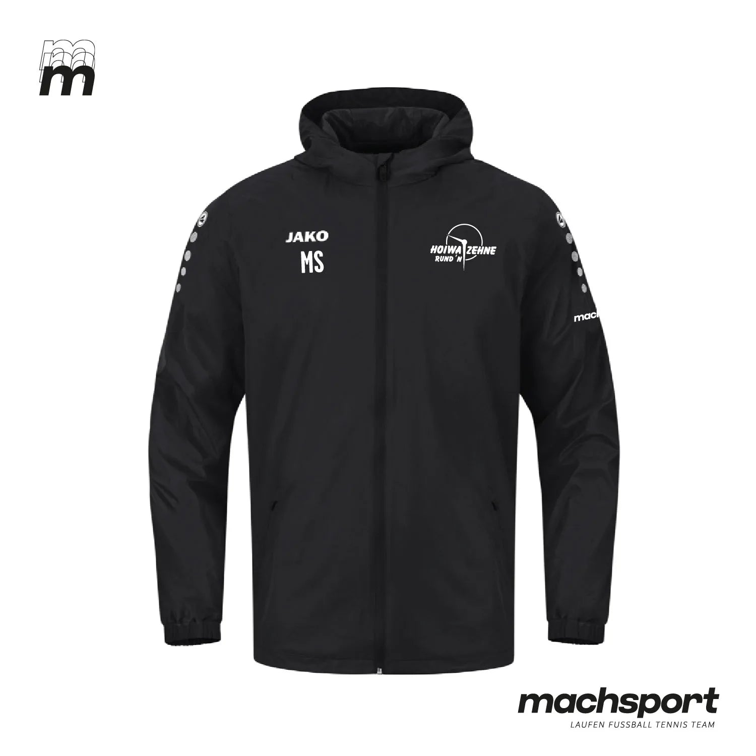 Jako Hoiwa Zehne Rund'n Teamsport Regenjacke in Schwarz mit weißen Details, wasserdicht und atmungsaktiv, ideal für Outdoor-Aktivitäten – Bild 