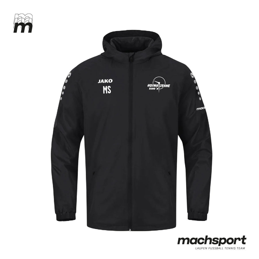 Jako Hoiwa Zehne Rund'n Teamsport Regenjacke in Schwarz mit weißen Details, wasserdicht und atmungsaktiv, ideal für Outdoor-Aktivitäten