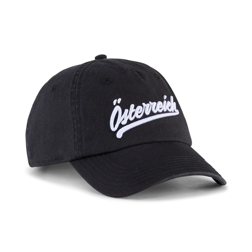 Puma ÖFB Kultur Cap, schwarze Schirmkappe mit Vereinslogo, verstellbarer Schnalle, sportliches Design, vorne sichtbar. – Bild 