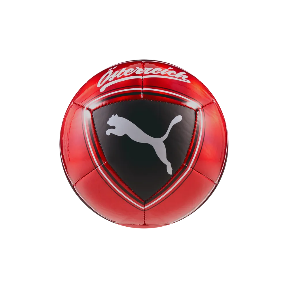 Rückansicht des Puma ÖFB Culture Ball Mini, kleiner Fußball mit rotem Design und Puma-Logo auf schwarzem Hintergrund.