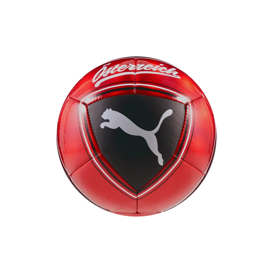 Rückansicht des Puma ÖFB Culture Ball Mini, kleiner Fußball mit rotem Design und Puma-Logo auf schwarzem Hintergrund.