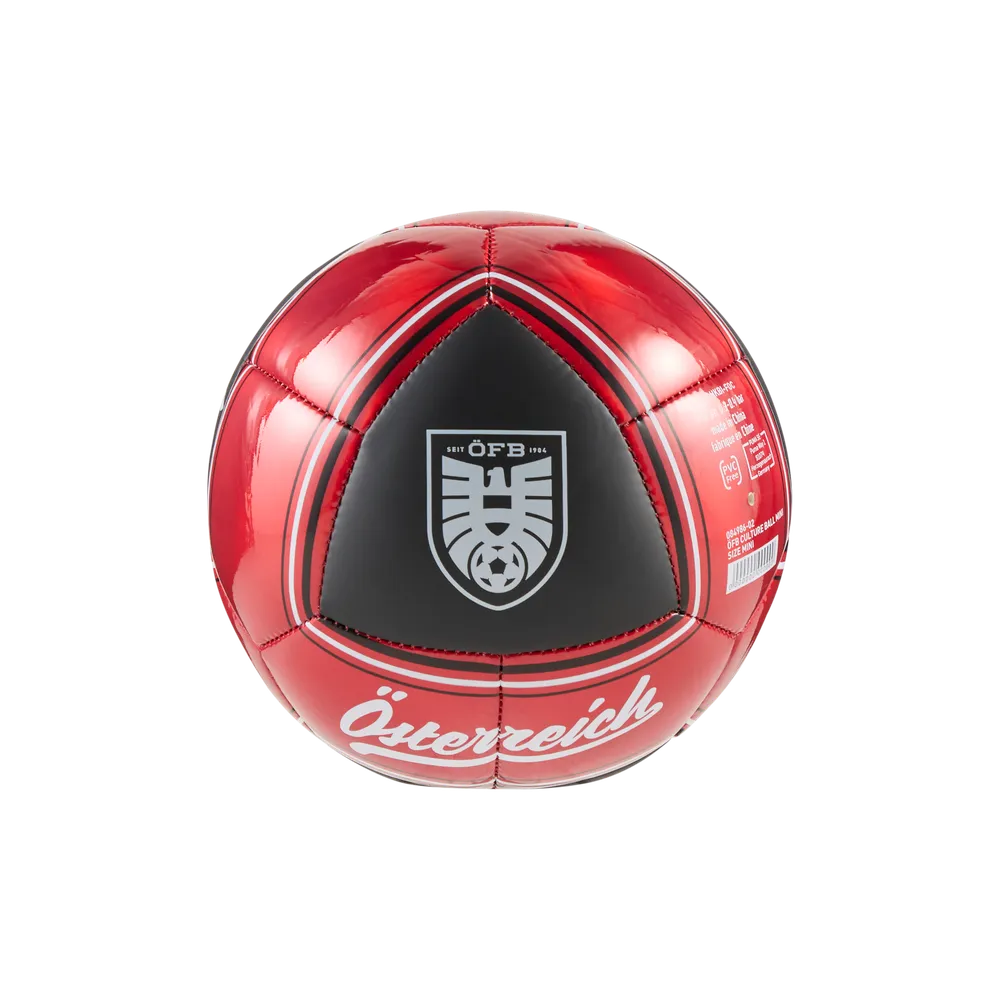 Puma ÖFB Culture Ball Mini, kleiner Fußball mit Österreich-Design, auf der Vorderseite sichtbar, für Fußballfans und Sammler.