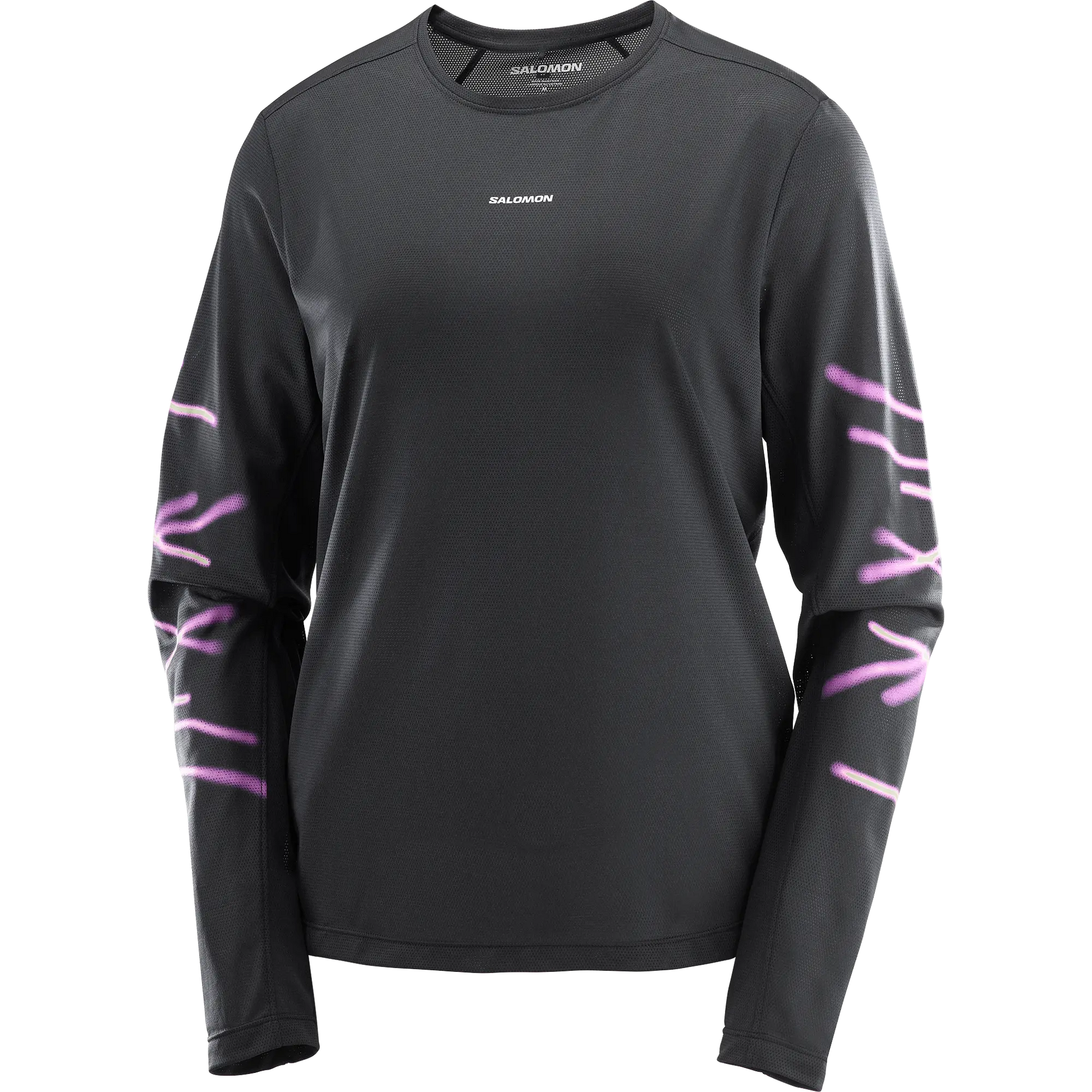 Salomon Damenlaufshirt Shakeout Core SS Tee GFX, leichtes Running Shirt mit atmungsaktivem Knit Flow Material und Grafikdesign, deep black - machsport – Bild 