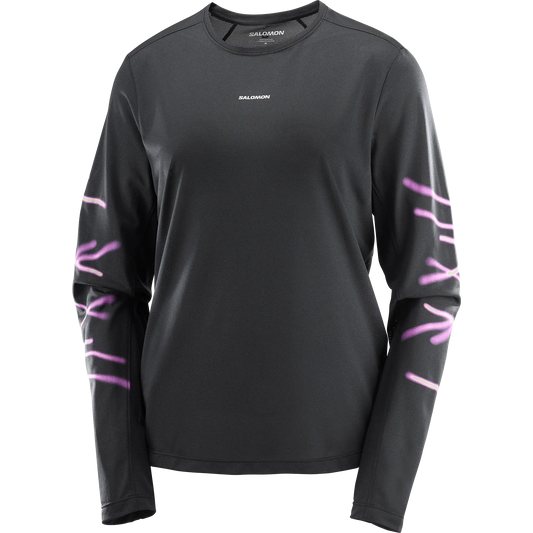 Salomon Damenlaufshirt Shakeout Core SS Tee GFX, leichtes Running Shirt mit atmungsaktivem Knit Flow Material und Grafikdesign, deep black – bunt / 34