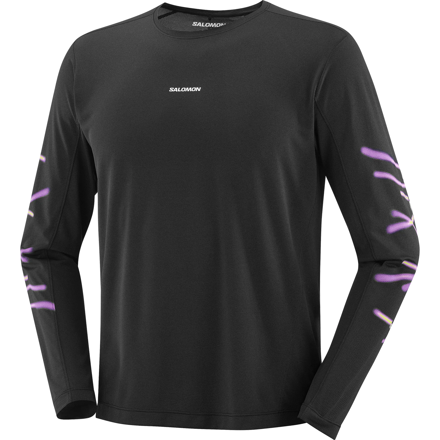 Salomon Herrenlaufshirt Shakeout Core SS Tee GFX, langarm Running Shirt mit atmungsaktivem Knit Flow Material und Grafikdesign, deep black - machsport