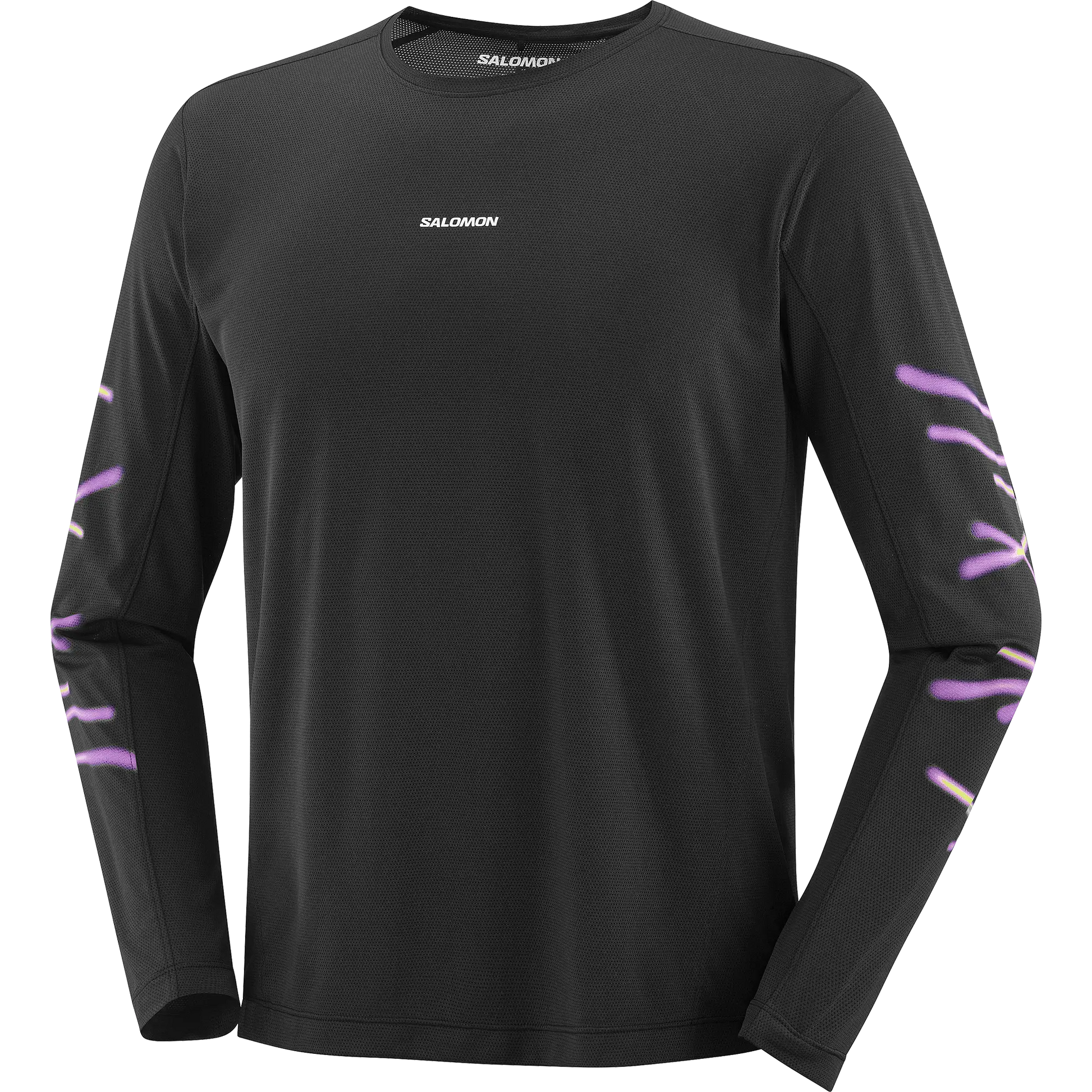 Salomon Herrenlaufshirt Shakeout Core SS Tee GFX, langarm Running Shirt mit atmungsaktivem Knit Flow Material und Grafikdesign, deep black - machsport – Bild 
