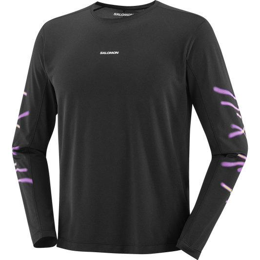 Salomon Herrenlaufshirt Shakeout Core SS Tee GFX, langarm Running Shirt mit atmungsaktivem Knit Flow Material und Grafikdesign, deep black – bunt / S