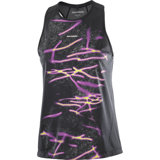 Salomon Shirt Shakeout Core Tank GFX, ärmelloses Running Tanktop für warme Temperaturen mit atmungsaktivem Komfort, deep black – bunt / 34