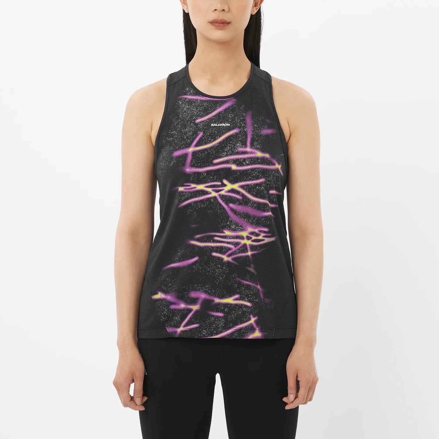 Salomon Shirt Shakeout Core Tank GFX, ärmelloses Running Tanktop für warme Temperaturen mit atmungsaktivem Komfort, deep black - machsport