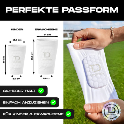 Tapedesign Schienbeinschoner Sleeve in Weiß, elastischer Schienbeinschutz für Fußball oder Sport, nahtlos und bequem.