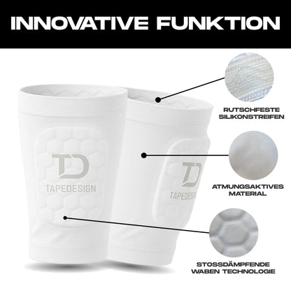 Tapedesign Schienbeinschoner Sleeve für Kinder, weiße Schienbeinschoner aus elastischem Material, zum Schutz beim Fußballspielen