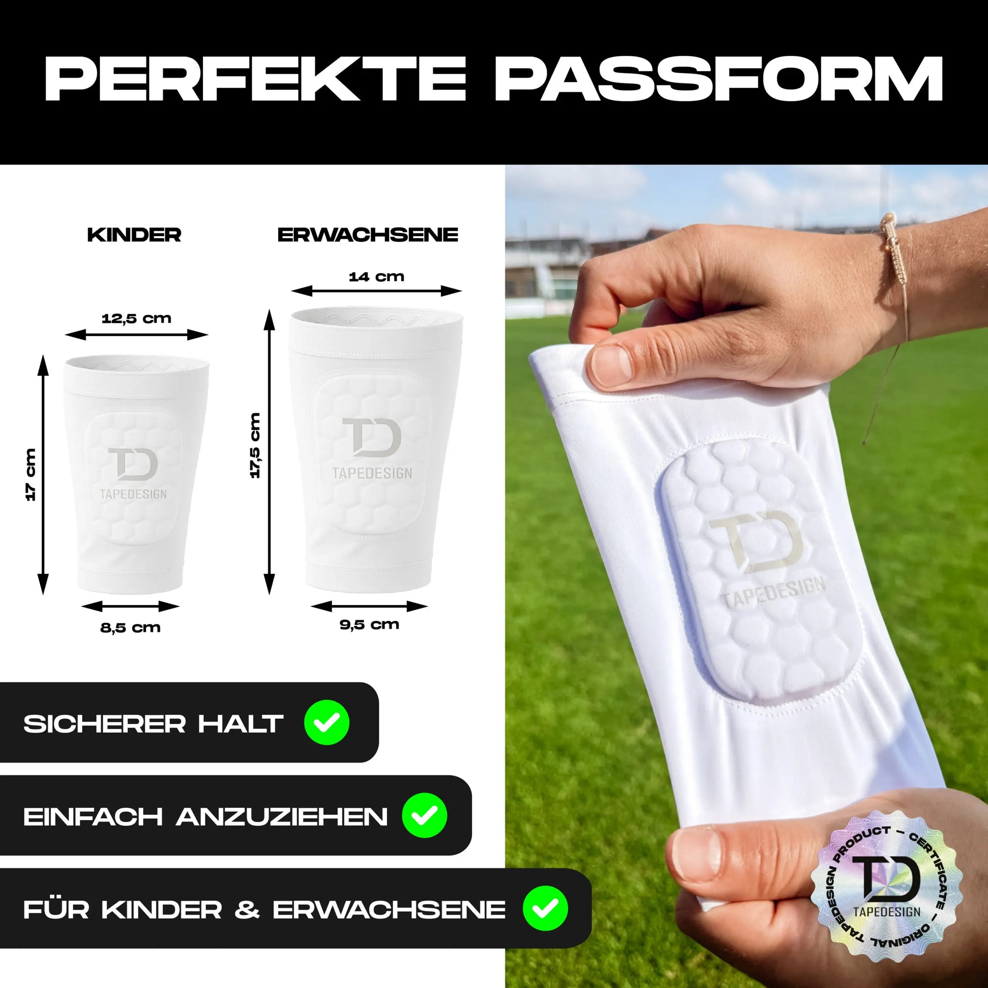 Weißer Tapedesign Schienbeinschoner Sleeve für Kinder, elastischer Schutz für Fußball- oder Sportschienen. – Bild 