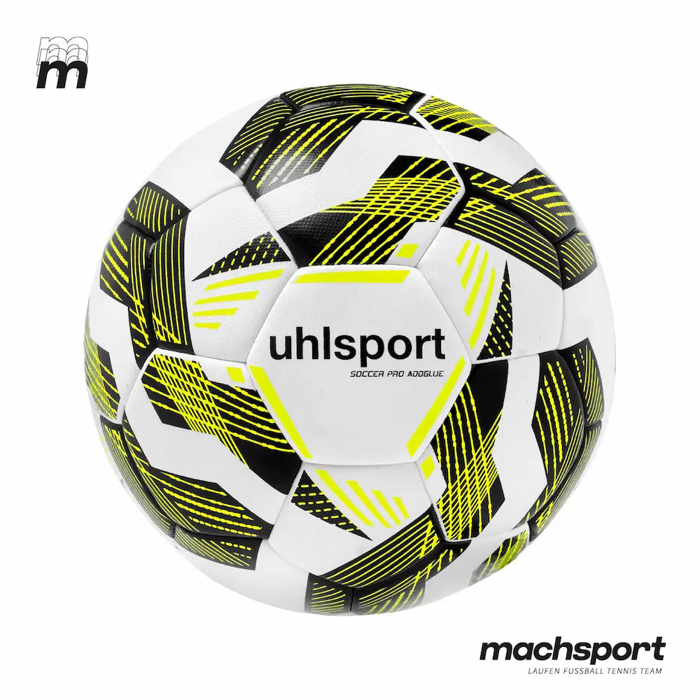 Fußball Soccer Pro Addglue Größe 5 von Uhlsport, professioneller Fußball für Spiel und Training, auf dem Spielfeld liegend